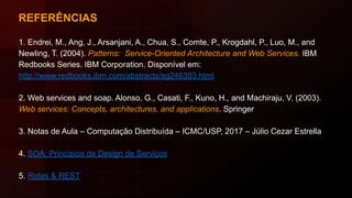 REFERÊNCIAS
1. Endrei, M., Ang, J., Arsanjani, A., Chua, S., Comte, P., Krogdahl, P., Luo, M., and
Newling, T. (2004). Patterns: Service-Oriented Architecture and Web Services. IBM
Redbooks Series. IBM Corporation. Disponível em:
http://www.redbooks.ibm.com/abstracts/sg246303.html
2. Web services and soap. Alonso, G., Casati, F., Kuno, H., and Machiraju, V. (2003).
Web services: Concepts, architectures, and applications. Springer
3. Notas de Aula – Computação Distribuída – ICMC/USP, 2017 – Júlio Cezar Estrella
4. SOA: Princípios de Design de Serviços
5. Rotas & REST
 