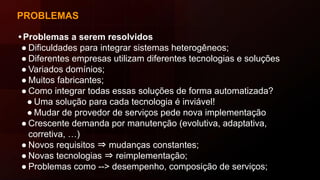 PROBLEMAS
• Problemas a serem resolvidos
● Dificuldades para integrar sistemas heterogêneos;
● Diferentes empresas utilizam diferentes tecnologias e soluções
● Variados domínios;
● Muitos fabricantes;
● Como integrar todas essas soluções de forma automatizada?
● Uma solução para cada tecnologia é inviável!
● Mudar de provedor de serviços pede nova implementação
● Crescente demanda por manutenção (evolutiva, adaptativa,
corretiva, …)
● Novos requisitos ⇒ mudanças constantes;
● Novas tecnologias ⇒ reimplementação;
● Problemas como --> desempenho, composição de serviços;
 