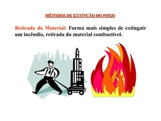 MÉTODOS DE EXTINÇÃO DO FOGO
Retirada do Material: Forma mais simples de extinguir
um incêndio, retirada do material combustível.
 