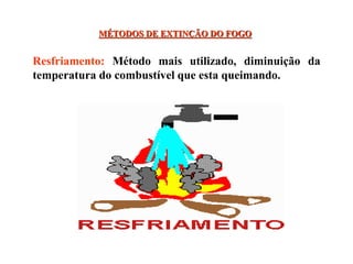 MÉTODOS DE EXTINÇÃO DO FOGO
Resfriamento: Método mais utilizado, diminuição da
temperatura do combustível que esta queimando.
 