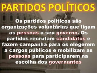 Os partidos políticos são
organizações voluntárias que ligam
as a seu . Os
partidos recrutam e
fazem campanha para os elegerem
a cargos públicos e mobilizam as
para participarem na
escolha dos
 
