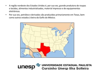 • A região nordeste dos Estados Unidos é, por sua vez, grande produtora de roupas
e tecidos, alimentos industrializados, material impresso e de equipamentos
eletrônicos.
• Por sua vez, petróleo e derivados são produzidos primariamente em Texas, bem
como outros estados à beira do Golfo do México.
 