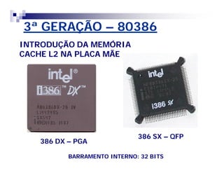 3ª GERAÇÃO – 80386 
INTRODUÇÃO DA MEMÓRIA 
CACHE L2 NA PLACA MÃE 
386 DX – PGA 
386 SX – QFP 
BARRAMENTO INTERNO: 32 BITS 
 