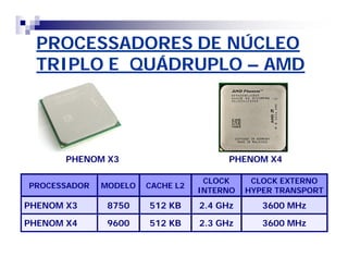 PROCESSADORES DE NÚCLEO 
TRIPLO E QUÁDRUPLO – AMD 
PHENOM X4 
PHENOM X3 
PROCESSADOR MODELO CACHE L2 CLOCK 
INTERNO 
CLOCK EXTERNO 
HYPER TRANSPORT 
PHENOM X3 8750 512 KB 2.4 GHz 3600 MHz 
PHENOM X4 9600 512 KB 2.3 GHz 3600 MHz 
 
