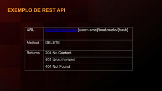 EXEMPLO DE REST API
URL http://del.icio.us/api/[usern ame]/bookmarks/[hash]
Method DELETE
Returns 204 No Content
401 Unauthorized
404 Not Found
 