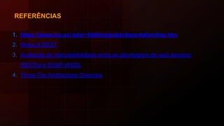 REFERÊNCIAS
1. https://www.ics.uci.edu/~fielding/pubs/dissertation/top.htm
2. Rotas & REST
3. Avaliação de manutenibilidade entre as abordagens de web services
RESTful e SOAP-WSDL
4. Three-Tier Architecture Overview
 