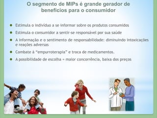 Estimula o indivíduo a se informar sobre os produtos consumidos
Estimula o consumidor a sentir-se responsável por sua saúde
A informação e o sentimento de responsabilidade: diminuindo intoxicações
e reações adversas
Combate à “empurroterapia” e troca de medicamentos.
A possibilidade de escolha = maior concorrência, baixa dos preços
O segmento de MIPs é grande gerador de
benefícios para o consumidor
 