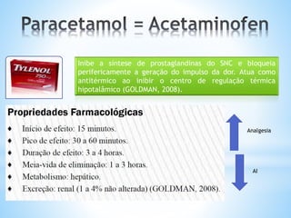 Inibe a síntese de prostaglandinas do SNC e bloqueia
perifericamente a geração do impulso da dor. Atua como
antitérmico ao inibir o centro de regulação térmica
hipotalâmico (GOLDMAN, 2008).
Analgesia
AI
 