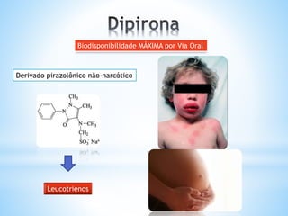 Biodisponibilidade MÁXIMA por Via Oral
Derivado pirazolônico não-narcótico
Leucotrienos
 