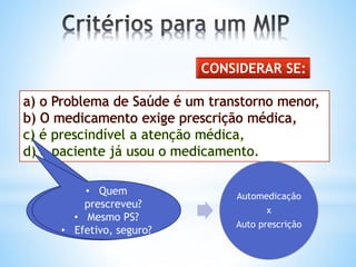 CONSIDERAR SE:
• Idosos
• < 2 anos
• PS severos
• Quem
prescreveu?
• Mesmo PS?
• Efetivo, seguro?
Automedicação
x
Auto prescrição
 