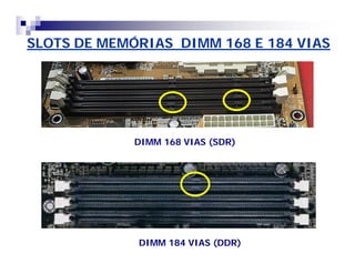 SLOTS DE MEMÓRIAS DIMM 168 E 184 VIAS 
DIMM 168 VIAS (SDR) 
DIMM 184 VIAS (DDR) 
 