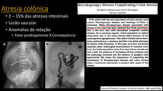 Atresia colônica
• 2 – 15% das atresias intestinais
• Lesão vascular
• Anomalias de rotação
• Fator predisponente X Consequência
 