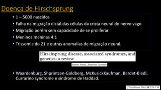 Doença de Hirschsprung
• 1 – 5000 nascidos
• Falha na migração distal das células da crista neural do nervo vago
• Migração porém sem capacidade de se proliferar
• Meninos:meninas 4:1
• Trissomia do 21 e outras anomalias de migração neural.
• Waardenburg, Shprintzen-Goldberg, McKusickKaufman, Bardet-Biedl,
Currarino syndrome e síndrome de Haddad.
 