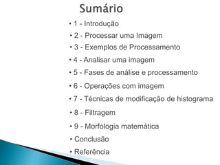 • 1 - Introdução
• 3 - Exemplos de Processamento
• 2 - Processar uma Imagem
• 5 - Fases de análise e processamento
• 6 - Operações com imagem
• 4 - Analisar uma imagem
• Conclusão
• 8 - Filtragem
• 9 - Morfologia matemática
• 7 - Técnicas de modificação de histograma
• Referência
 