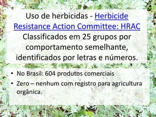 Uso de herbicidas - Herbicide
Resistance Action Committee: HRAC
Classificados em 25 grupos por
comportamento semelhante,
identificados por letras e números.
• No Brasil: 604 produtos comerciais
• Zero – nenhum com registro para agricultura
orgânica.
 