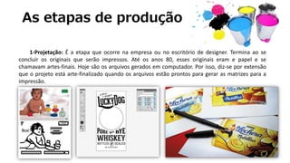 As etapas de produção
1-Projetação: É a etapa que ocorre na empresa ou no escritório de designer. Termina ao se
concluir os originais que serão impressos. Até os anos 80, esses originais eram e papel e se
chamavam artes-finais. Hoje são os arquivos gerados em computador. Por isso, diz-se por extensão
que o projeto está arte-finalizado quando os arquivos estão prontos para gerar as matrizes para a
impressão.
 