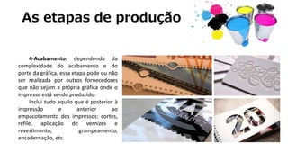 As etapas de produção
4-Acabamento: dependendo da
complexidade do acabamento e do
porte da gráfica, essa etapa pode ou não
ser realizada por outros fornecedores
que não sejam a própria gráfica onde o
impresso está sendo produzido.
Inclui tudo aquilo que é posterior à
impressão e anterior ao
empacotamento dos impressos: cortes,
refile, aplicação de vernizes e
revestimento, grampeamento,
encadernação, etc.
 