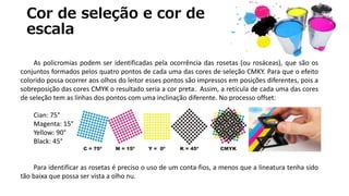 As policromias podem ser identificadas pela ocorrência das rosetas (ou rosáceas), que são os
conjuntos formados pelos quatro pontos de cada uma das cores de seleção CMKY. Para que o efeito
colorido possa ocorrer aos olhos do leitor esses pontos são impressos em posições diferentes, pois a
sobreposição das cores CMYK o resultado seria a cor preta. Assim, a retícula de cada uma das cores
de seleção tem as linhas dos pontos com uma inclinação diferente. No processo offset:
Cian: 75°
Magenta: 15°
Yellow: 90°
Black: 45°
Para identificar as rosetas é preciso o uso de um conta-fios, a menos que a lineatura tenha sido
tão baixa que possa ser vista a olho nu.
Cor de seleção e cor de
escala
 