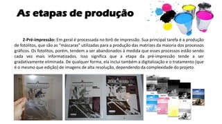 As etapas de produção
2-Pré-impressão: Em geral é processada no birô de impressão. Sua principal tarefa é a produção
de fotolitos, que são as “máscaras” utilizadas para a produção das matrizes da maioria dos processos
gráficos. Os fotolitos, porém, tendem a ser abandonados à medida que esses processos estão sendo
cada vez mais informatizados. Isso significa que a etapa da pré-impressão tende a ser
gradativamente eliminada. De qualquer forma, ela inclui também a digitalização e o tratamento (que
é o mesmo que edição) de imagens de alta resolução, dependendo da complexidade do projeto.
 