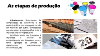 As etapas de produção
4-Acabamento: dependendo da
complexidade do acabamento e do
porte da gráfica, essa etapa pode ou não
ser realizada por outros fornecedores
que não sejam a própria gráfica onde o
impresso está sendo produzido.
Inclui tudo aquilo que é posterior à
impressão e anterior ao
empacotamento dos impressos: cortes,
refile, aplicação de vernizes e
revestimento, grampeamento,
encadernação, etc.
 