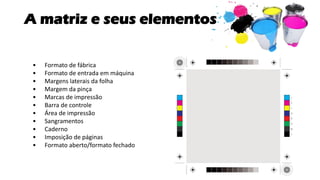 A matriz e seus elementos
• Formato de fábrica
• Formato de entrada em máquina
• Margens laterais da folha
• Margem da pinça
• Marcas de impressão
• Barra de controle
• Área de impressão
• Sangramentos
• Caderno
• Imposição de páginas
• Formato aberto/formato fechado
 