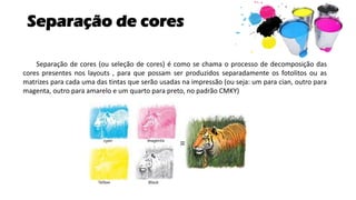 Separação de cores
Separação de cores (ou seleção de cores) é como se chama o processo de decomposição das
cores presentes nos layouts , para que possam ser produzidos separadamente os fotolitos ou as
matrizes para cada uma das tintas que serão usadas na impressão (ou seja: um para cian, outro para
magenta, outro para amarelo e um quarto para preto, no padrão CMKY)
 