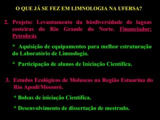 O QUE JÁ SE FEZ EM LIMNOLOGIA NA UFERSA??

2. Projeto: Levantamento da biodiversidade de lagoas
costeiras do Rio Grande do Norte. Financiador:
Petrobrás
* Aquisição de equipamentos para melhor estruturação
do Laboratório de Limnologia.
* Participação de alunos de Iniciação Científica.
3. Estudos Ecológicos de Moluscos na Região Estuarina do
Rio Apodi/Mossoró.
* Bolsas de iniciação Científica.
* Desenvolvimento de dissertação de mestrado.

 