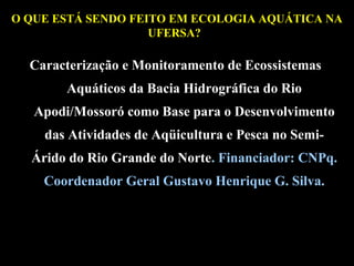 O QUE ESTÁ SENDO FEITO EM ECOLOGIA AQUÁTICA NA
UFERSA??

Caracterização e Monitoramento de Ecossistemas
Aquáticos da Bacia Hidrográfica do Rio
Apodi/Mossoró como Base para o Desenvolvimento
das Atividades de Aqüicultura e Pesca no SemiÁrido do Rio Grande do Norte. Financiador: CNPq.
Coordenador Geral Gustavo Henrique G. Silva.

 