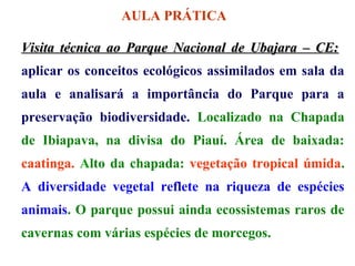 AULA PRÁTICA
Visita técnica ao Parque Nacional de Ubajara – CE:
aplicar os conceitos ecológicos assimilados em sala da
aula e analisará a importância do Parque para a
preservação biodiversidade. Localizado na Chapada
de Ibiapava, na divisa do Piauí. Área de baixada:
caatinga. Alto da chapada: vegetação tropical úmida.
A diversidade vegetal reflete na riqueza de espécies
animais. O parque possui ainda ecossistemas raros de
cavernas com várias espécies de morcegos.

 