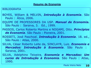 Resumo de Economia
BIBLIOGRAFIA

BOYES, William & MELVIN, Introdução à Economia. São
  Paulo : Ática, 2006.
EQUIPE DE PROFESSORES DA USP. Manual de Economia.
  São Paulo : Saraiva, 3. Ed., 1999.
PASSOS, Carlos Roberto Martins e NOGAMI, Otto. Princípios
  de Economia. São Paulo : Pioneira, 2001.
ROSSETI, José Paschoal. Introdução à Economia. 18. ed.,
  São Paulo : Atlas, 2000.
SILVA, César Roberto Leite da, SINCLAYR, Luiz. Economia e
  Mercados: Introdução à Economia. São Paulo :
  Saraiva, 2001.
SILVA, Adelphino Teixeira. Economia e Mercados: Um
  curso de Introdução à Economia. São Paulo : Atlas,
  1990.
                                         Paulo Vieira Neto   10
 