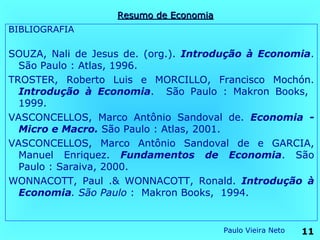Resumo de Economia
BIBLIOGRAFIA

SOUZA, Nali de Jesus de. (org.). Introdução à Economia.
  São Paulo : Atlas, 1996.
TROSTER, Roberto Luis e MORCILLO, Francisco Mochón.
  Introdução à Economia. São Paulo : Makron Books,
  1999.
VASCONCELLOS, Marco Antônio Sandoval de. Economia -
  Micro e Macro. São Paulo : Atlas, 2001.
VASCONCELLOS, Marco Antônio Sandoval de e GARCIA,
  Manuel Enriquez. Fundamentos de Economia. São
  Paulo : Saraiva, 2000.
WONNACOTT, Paul .& WONNACOTT, Ronald. Introdução à
  Economia. São Paulo : Makron Books, 1994.


                                        Paulo Vieira Neto   11
 