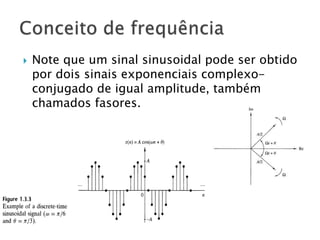  Note que um sinal sinusoidal pode ser obtido
por dois sinais exponenciais complexo-
conjugado de igual amplitude, também
chamados fasores.
 