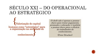 {Valorização do capital
humano como “estratégico” para
a organização na sociedade do
conhecimento}
O chefe não é apenas a pessoa-
chave para tratar pagamento,
promoção e colocação; é também
a pessoa-chave para a eficácia
do trabalhador do
conhecimento.
(Peter Drucker)
 