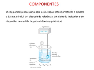 COMPONENTES 
O equipamento necessário para os métodos potenciométricos é simples e barato, e inclui um eletrodo de referência, um eletrodo indicador e um dispositivo de medida de potencial (célula galvânica).  