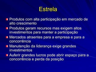 Estrela
Produtos com alta participação em mercado de
alto crescimento
Produtos geram recursos mas exigem altos
investimentos para manter a participação
Mercados atraentes para a empresa e para a
concorrência
Manutenção da liderança exige grandes
investimentos
Auferir grandes lucros pode abrir espaço para a
concorrência e perda da posição
 