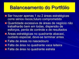 Balanceamento do Portfólio
Ser houver apenas 1 ou 2 áreas estratégicas
corre sérios riscos,futuro comprometido
Quantidade excessiva de áreas de negócio não
trabalharão bem em todas, dispersão de
esforços, perda de controle e de resultados
Áreas estratégicas no quadrante abacaxi,
cuidado especial, deve-se terminar antes
Falta de áreas no nascedouro
Falta de área no quadrante vaca leiteira
Falta de área no quadrante estrela
 