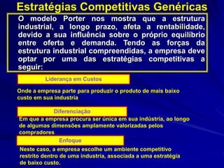 Estratégias Competitivas Genéricas
O modelo Porter nos mostra que a estrutura
industrial, a longo prazo, afeta a rentabilidade,
devido a sua influência sobre o próprio equilíbrio
entre oferta e demanda. Tendo as forças da
estrutura industrial compreendidas, a empresa deve
optar por uma das estratégias competitivas a
seguir:
Liderança em Custos
Onde a empresa parte para produzir o produto de mais baixo
custo em sua industria
Diferenciação
Em que a empresa procura ser única em sua indústria, ao longo
de algumas dimensões amplamente valorizadas pelos
compradores
Enfoque
Neste caso, a empresa escolhe um ambiente competitivo
restrito dentro de uma industria, associada a uma estratégia
de baixo custo.
 