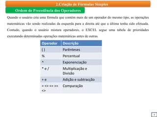 8
2.Criação de Fórmulas Simples
Ordem de Precedência dos Operadores
Quando o usuário cria uma fórmula que contém mais de um operador do mesmo tipo, as operações
matemáticas vão sendo realizadas da esquerda para a direita até que a última tenha sido efetuada.
Contudo, quando o usuário mistura operadores, o EXCEL segue uma tabela de prioridades
executando determinadas operações matemáticas antes de outras.
Operador Descrição
( ) Parênteses
% Percentual
^ Exponenciação
* e / Multiplicação e
Divisão
+ e Adição e subtracção
= <> <= >=
<>
Comparação
 