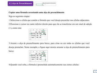 3
1.2.Alça de Preenchimento
Copiar uma fórmula arrastando uma alça de preenchimento
Siga as seguintes etapas:
1.Seleccione a célula que contém a fórmula que você deseja preencher nas células adjacentes.
2.Posicione o cursor no canto inferior direito para que ela se transforme em um sinal de adição
(+), como este:
3.Arraste a alça de preenchimento para baixo, para cima ou em todas as células que você
deseja preencher. Neste exemplo, a figura aqui mostra arrastar a alça de preenchimento para
baixo:
4.Quando você solta, a fórmula é preenchida automaticamente nas outras células:
 