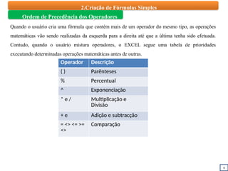 8
2.Criação de Fórmulas Simples
Ordem de Precedência dos Operadores
Quando o usuário cria uma fórmula que contém mais de um operador do mesmo tipo, as operações
matemáticas vão sendo realizadas da esquerda para a direita até que a última tenha sido efetuada.
Contudo, quando o usuário mistura operadores, o EXCEL segue uma tabela de prioridades
executando determinadas operações matemáticas antes de outras.
Operador Descrição
( ) Parênteses
% Percentual
^ Exponenciação
* e / Multiplicação e
Divisão
+ e Adição e subtracção
= <> <= >=
<>
Comparação
 