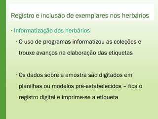 Registro e inclusão de exemplares nos herbários
• Informatização dos herbários
 O uso de programas informatizou as coleções e
trouxe avanços na elaboração das etiquetas
 Os dados sobre a amostra são digitados em
planilhas ou modelos pré-estabelecidos – fica o
registro digital e imprime-se a etiqueta
 