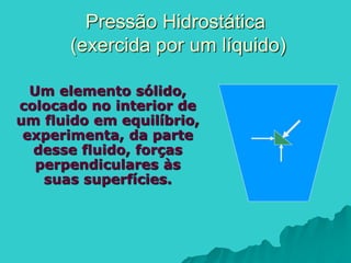 Pressão Hidrostática
(exercida por um líquido)
Um elemento sólido,
colocado no interior de
um fluido em equilíbrio,
experimenta, da parte
desse fluido, forças
perpendiculares às
suas superfícies.
 
