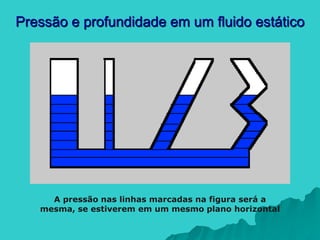 Pressão e profundidade em um fluido estático
A pressão nas linhas marcadas na figura será a
mesma, se estiverem em um mesmo plano horizontal
 