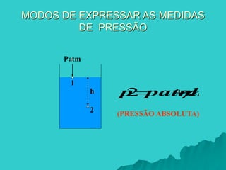 MODOS DE EXPRESSAR AS MEDIDAS
DE PRESSÃO
h
2
1
Patm
h
patm
p .



2
(PRESSÃO ABSOLUTA)
 