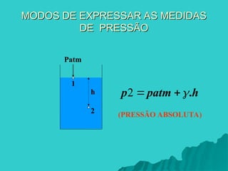 MODOS DE EXPRESSAR AS MEDIDAS
MODOS DE EXPRESSAR AS MEDIDAS
DE PRESSÃO
DE PRESSÃO
h
2
1
Patm
h
patm
p .



2
(PRESSÃO ABSOLUTA)
 