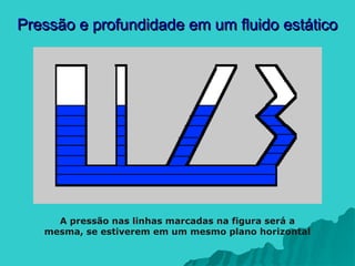 Pressão e profundidade em um fluido estático
Pressão e profundidade em um fluido estático
A pressão nas linhas marcadas na figura será a
mesma, se estiverem em um mesmo plano horizontal
 