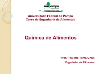 Universidade Federal do Pampa
Curso de Engenharia de Alimentos
Química de Alimentos
Prof. ª Valéria Terra Crexi
Engenheira de Alimentos
 