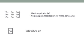 𝑎11 𝑎12 𝑎13
𝑎21 𝑎22 𝑎23
𝑎31 𝑎32 𝑎33
Matriz quadrada 3x3
Notação para matrizes: m x n (linha por coluna)
𝑎11
𝑎21
𝑎31
Vetor coluna 3x1
 