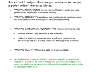 Uma variável é qualquer elemento que pode tomar (ou ao qual se podem atribuir) diferentes valores. VARIÁVEL INDEPENDENTE (aquela cuja modificação se supõe que pode produzir uma modificação numa outra variável) VARIÁVEL DEPENDENTE (aquela que cuja modificação se supões que pode ser provocada por uma modificação na variável independente) VARIÁVEIS CATEGÓRICAS / QUALITATIVAS (variação em tipo/espécie) variáveis nominais - são exclusivas e não ordenadas; variáveis ordinais - organizam-se numa sequência e (crescente ou decrescente) interessa a ordem, mas não a diferença entre os valores. VARIÁVEIS QUANTITATIVAS (variação em grau/quantidade) Ao nível nominal podem-se classificar casos em categorias e comparar os respectivos tamanhos;  ao nível ordinal podem-se ordenar as categorias e os casos em relação uns aos outros; ao nível quantitativo podem-se aplicar todas as operações matemáticas. 