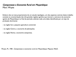 Camponeses e Economia Rural em Moçambique Marc Wuyts Embora não se trate propriamente de um estudo tipológico, um dos aspectos centrais deste trabalho consiste na caracterização das três grandes regiões agrárias que marcam a estrutura da economia agrária de Moçambique no final do período colonial, cada uma delas identificada por um tipo de produção dominante:  - na região Sul, a pequena agricultura comercial; - na região Centro, a economia de plantações; - na região Norte, a economia camponesa.  Wuyts, M., 1981.  Camponeses e economia rural em Moçambique.  Maputo: INLD. 